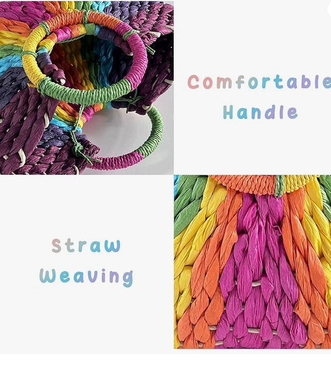 Woven Bag Colorful Straw Tote Handbag Large Rattan Purse Summer Beach Pool Bags for Women Men Unisex