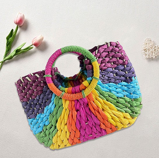 Woven Bag Colorful Straw Tote Handbag Large Rattan Purse Summer Beach Pool Bags for Women Men Unisex