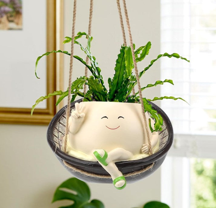 Unique Hanging Indoor Outdoor Resin Swinging Smiley Face Planter Pots Head with Drainage Hole