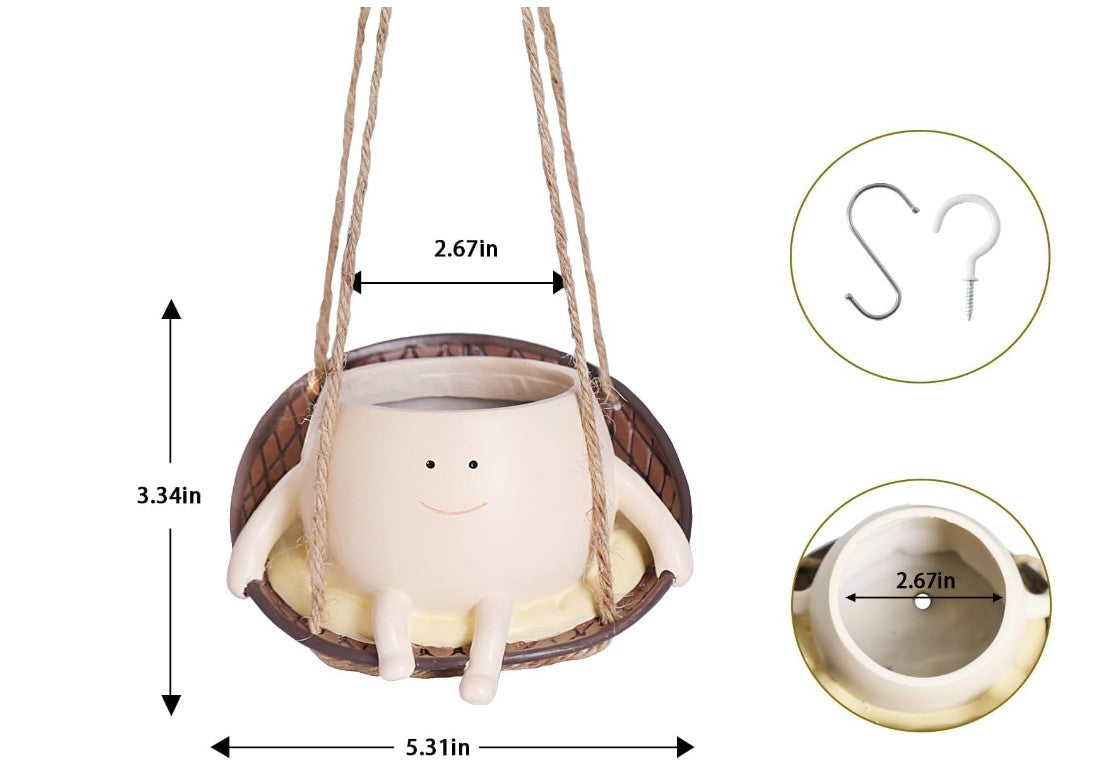 Unique Hanging Indoor Outdoor Resin Swinging Smiley Face Planter Pots Head with Drainage Hole