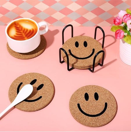 Smiley Happy Disposable Cotton Rope Cork Coasters Decorative Face Paper Placemats for Home Kitchen Birthday Weddings Parties 4-40 Pack