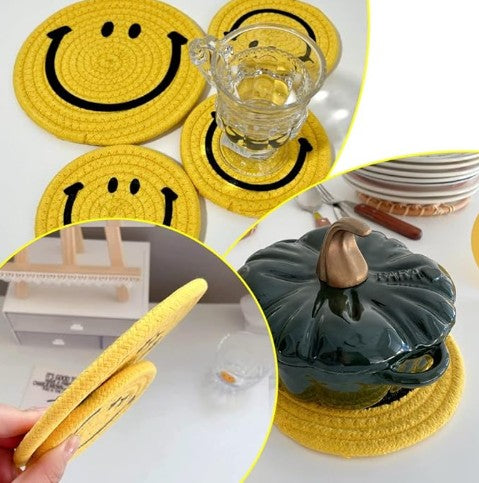 Smiley Happy Disposable Cotton Rope Cork Coasters Decorative Face Paper Placemats for Home Kitchen Birthday Weddings Parties 4-40 Pack
