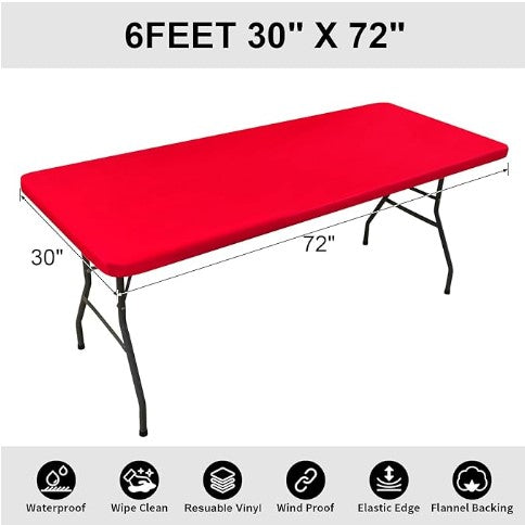 Elastic Fitted Flannel Backed Vinyl Waterproof Wipeable Rectangle Tablecloth for 6ft Folding Tables Indoor Outdoor Picnic Parties and Camping