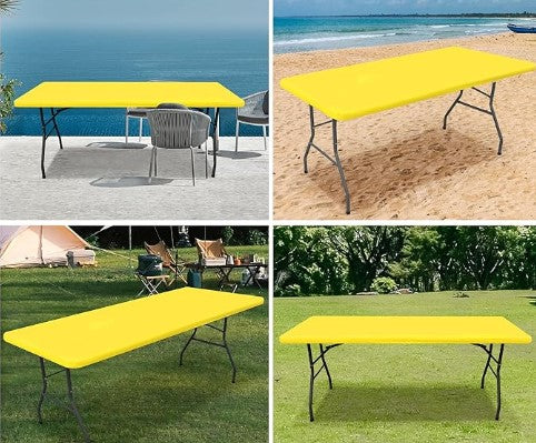 Elastic Fitted Flannel Backed Vinyl Waterproof Wipeable Rectangle Tablecloth for 6ft Folding Tables Indoor Outdoor Picnic Parties and Camping