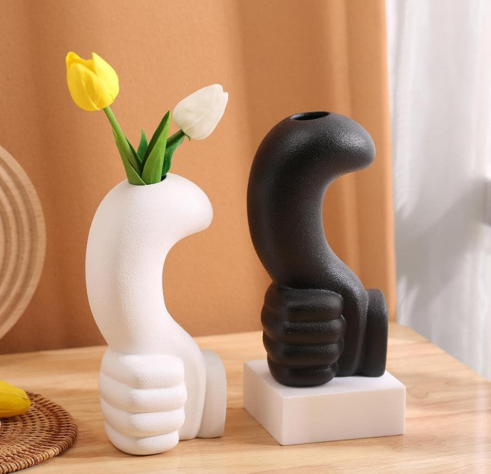 Modern Minimalist Ceramic Black White Vase Unique Thumbs Up Finger Shaped Geometric Decorative Flower Vase for Home Set of Two