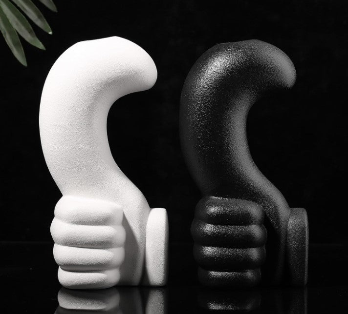 Modern Minimalist Ceramic Black White Vase Unique Thumbs Up Finger Shaped Geometric Decorative Flower Vase for Home Set of Two