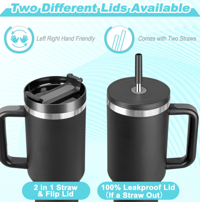 40 oz Double Wall Insulated Stainless Steel Tumbler Stanley Inspired with Handle and 2 Straws LeakProof Lids Water Bottle Travel Coffee Mug with Gift Box