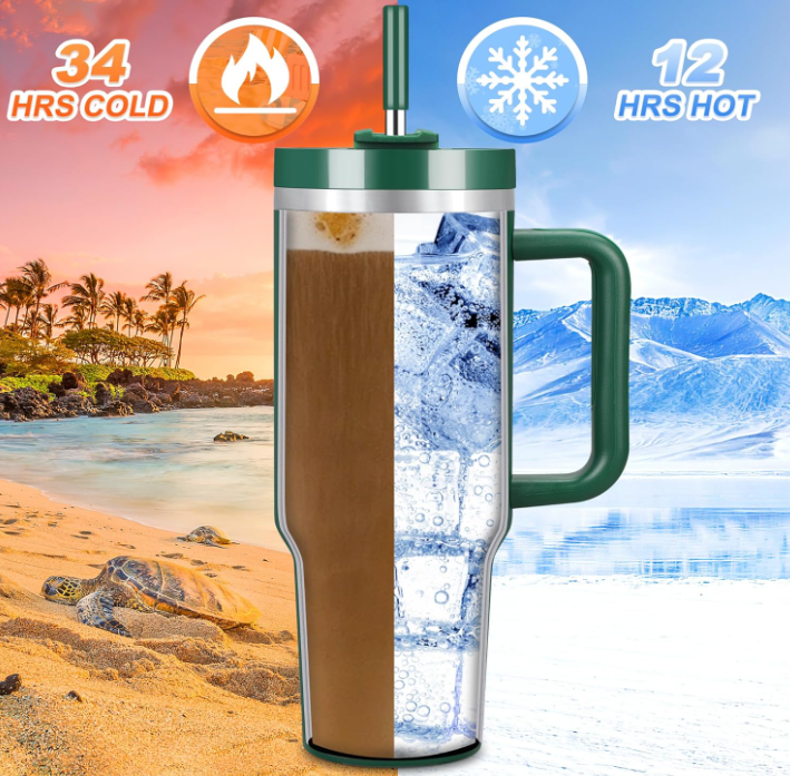 40 oz Double Wall Insulated Stainless Steel Tumbler Stanley Inspired with Handle and 2 Straws LeakProof Lids Water Bottle Travel Coffee Mug with Gift Box