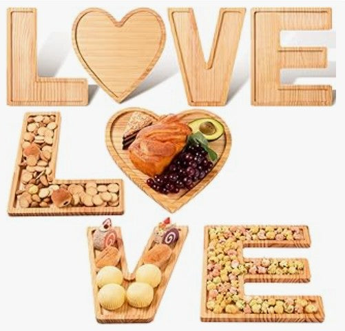 Bamboo Wooden Bridge Leaf Heart Love Sushi Bakery Cheese Charcuterie Board with Knife Serving Tray Set for Kitchen Decor Birthday Valentine Parties