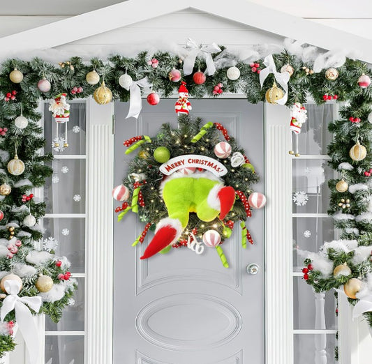 Christmas Green LED  Elf Gnome Grinch Plush Legs Wreath, 20 Inch Pre-Lit Wreaths for Front Door with 30 Warm LED Lights, Christmas Balls | Outdoor & Indoor Xmas Decor for Window, Porch